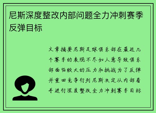 尼斯深度整改内部问题全力冲刺赛季反弹目标