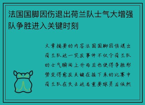 法国国脚因伤退出荷兰队士气大增强队争胜进入关键时刻