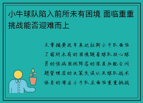 小牛球队陷入前所未有困境 面临重重挑战能否迎难而上