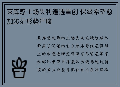 莱库感主场失利遭遇重创 保级希望愈加渺茫形势严峻